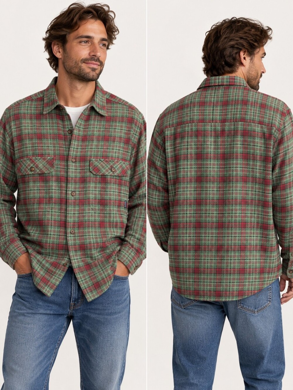Patagonia Men’s Large Organic Cotton Plaid Flannel Shirt Green Red Made Portugal